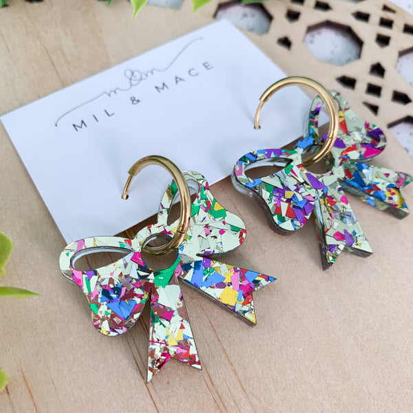 Confetti Bow Dangle Huggie Earrings