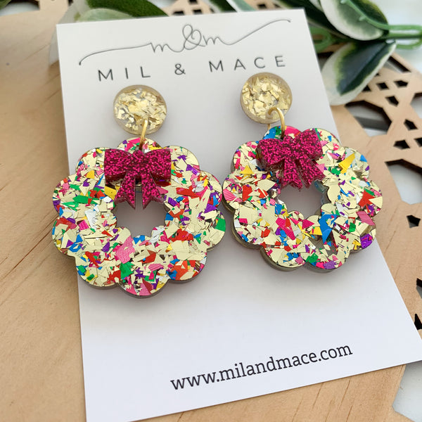 Christmas Wreath Acrylic Dangle Earrings