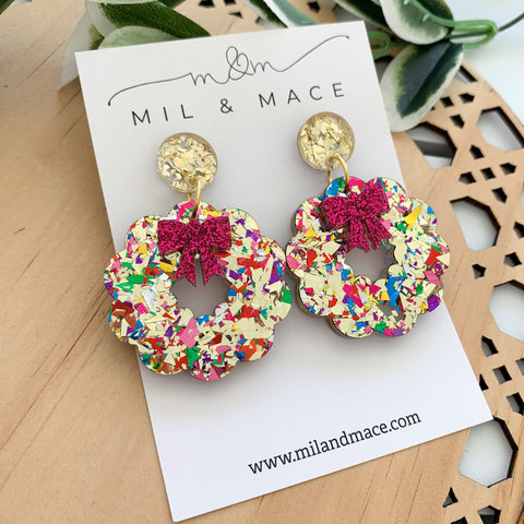 Christmas Wreath Acrylic Dangle Earrings