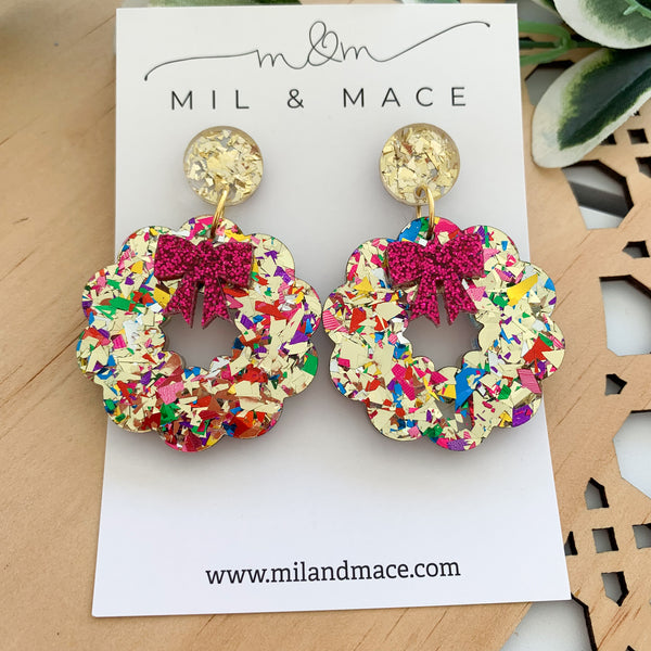 Christmas Wreath Acrylic Dangle Earrings