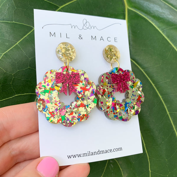 Christmas Wreath Acrylic Dangle Earrings