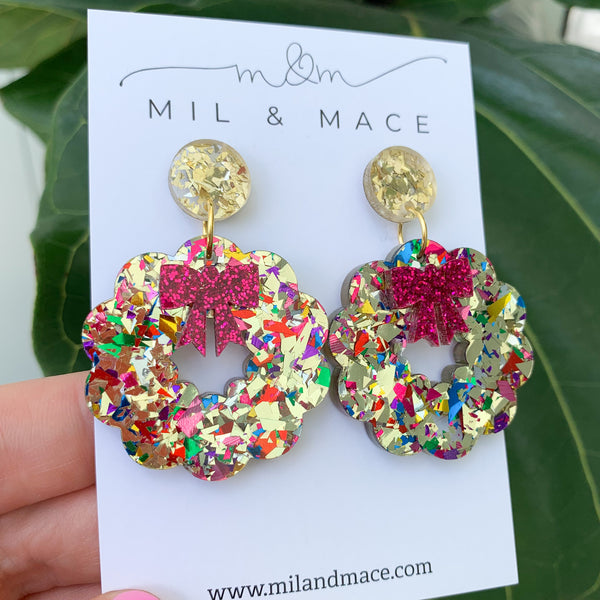 Christmas Wreath Acrylic Dangle Earrings