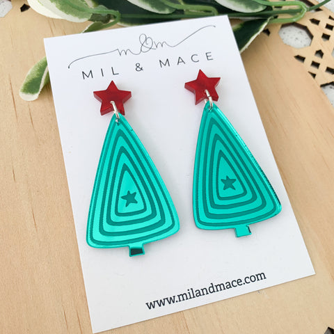 Green Mirrored Christmas Tree Acrylic Dangle Earrings