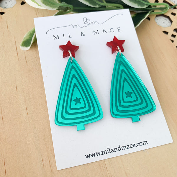 Green Mirrored Christmas Tree Acrylic Dangle Earrings