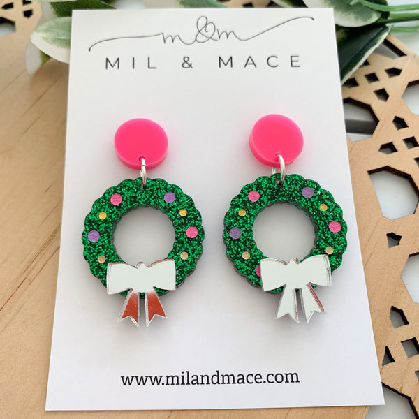 Christmas Wreath Acrylic Dangle Earrings