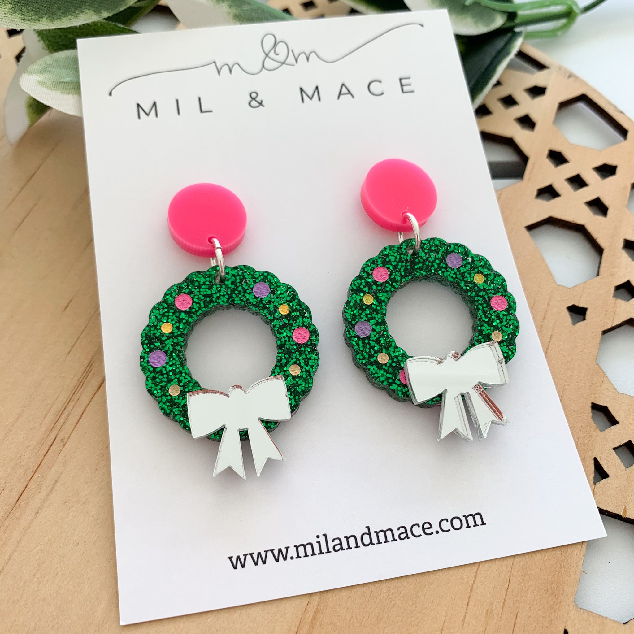 Christmas Wreath Acrylic Dangle Earrings