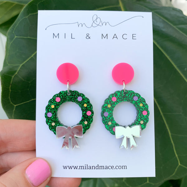 Christmas Wreath Acrylic Dangle Earrings