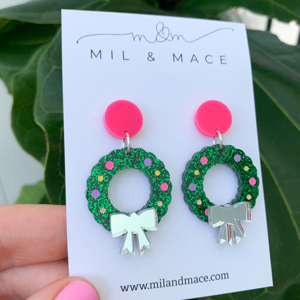 Christmas Wreath Acrylic Dangle Earrings