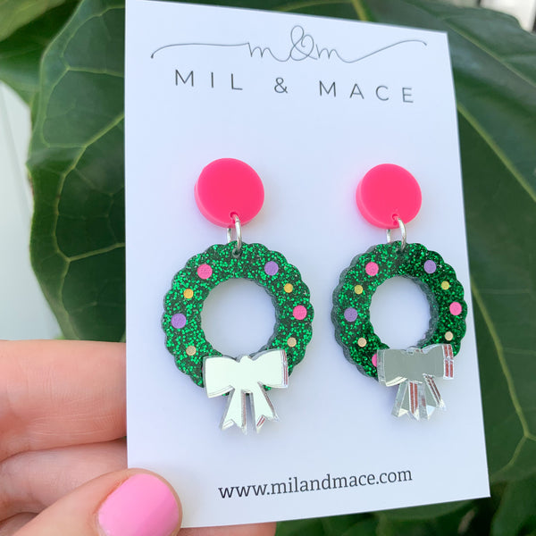 Christmas Wreath Acrylic Dangle Earrings