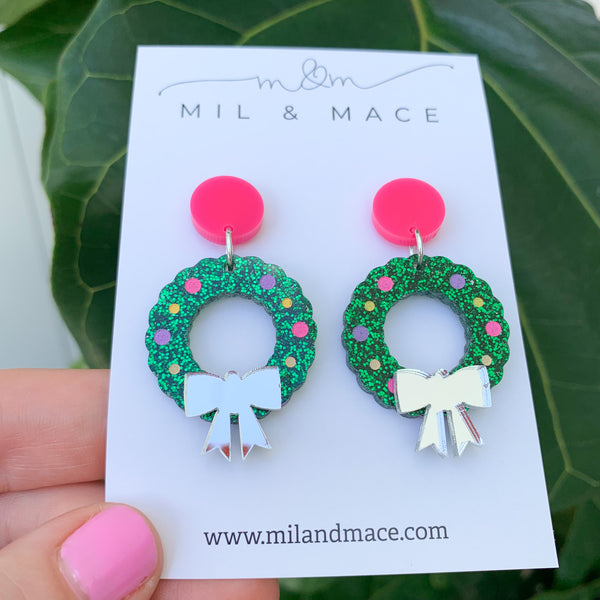 Christmas Wreath Acrylic Dangle Earrings