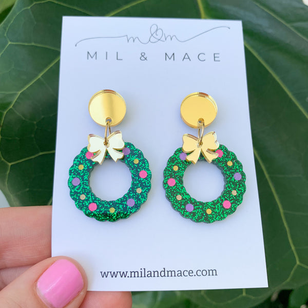 Christmas Wreath Acrylic Dangle Earrings