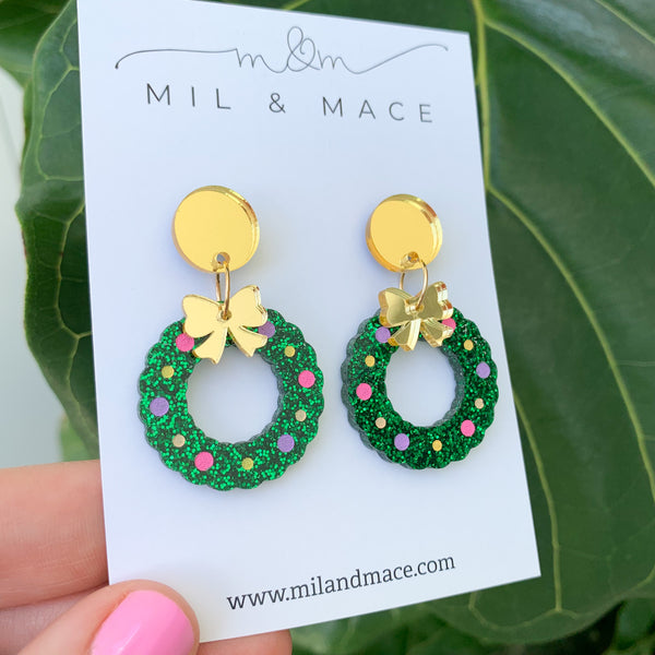Christmas Wreath Acrylic Dangle Earrings