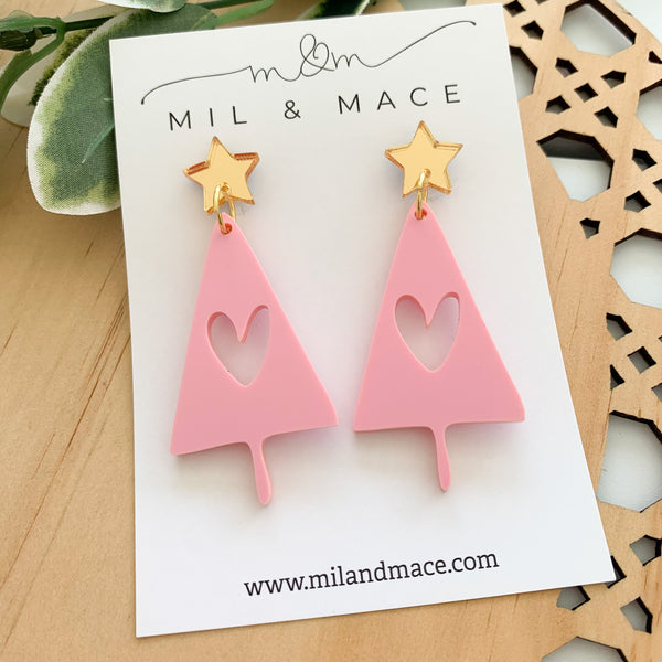 Pink Christmas Tree Acrylic Dangle Earrings