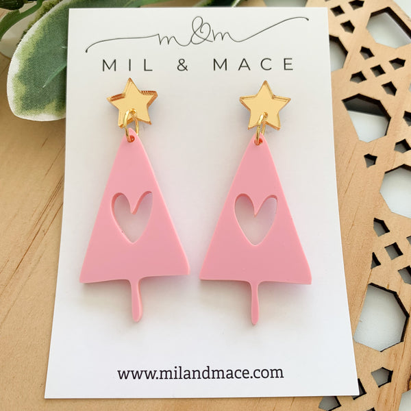 Pink Christmas Tree Acrylic Dangle Earrings