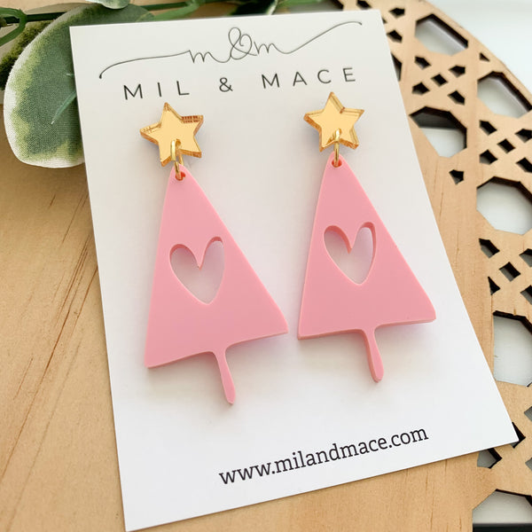 Pink Christmas Tree Acrylic Dangle Earrings