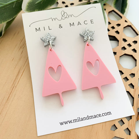 Pink Christmas Tree Acrylic Dangle Earrings