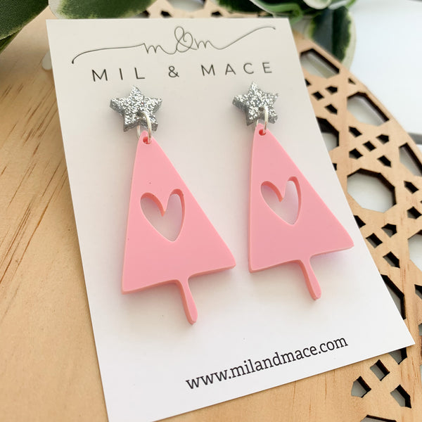 Pink Christmas Tree Acrylic Dangle Earrings
