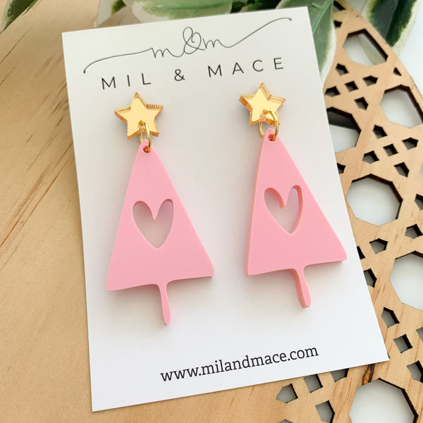 Pink Christmas Tree Acrylic Dangle Earrings