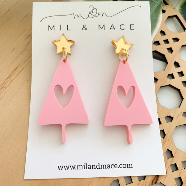 Pink Christmas Tree Acrylic Dangle Earrings