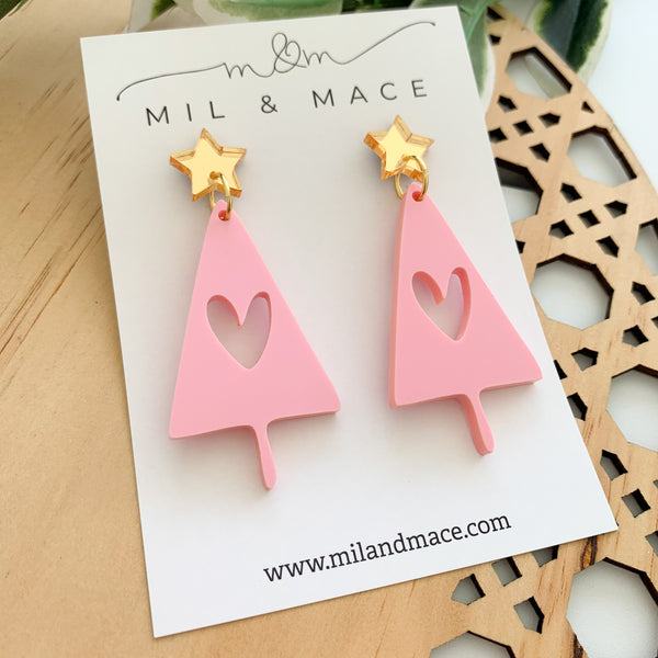 Pink Christmas Tree Acrylic Dangle Earrings