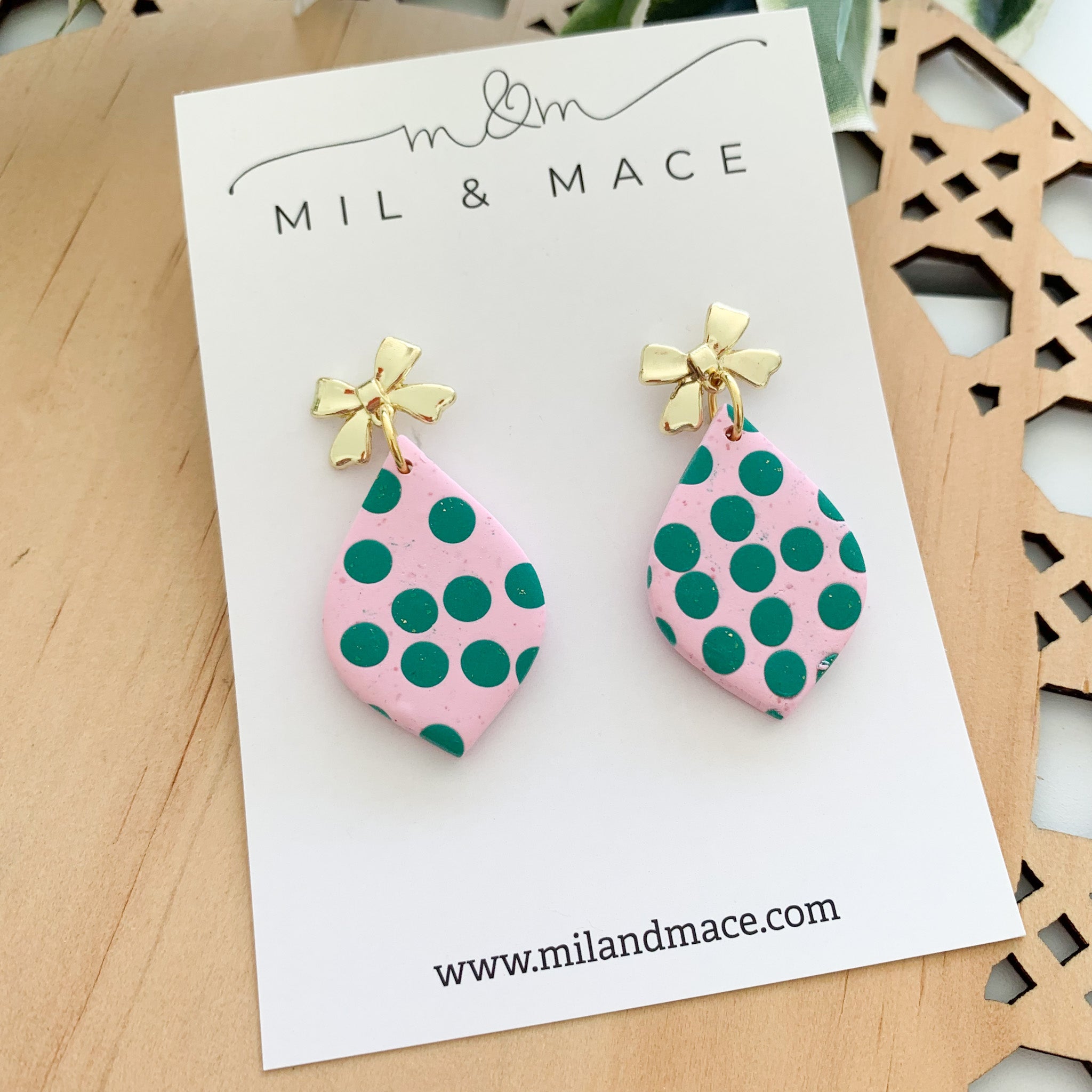 Pink and Green Spot Polymer Clay Dangle Earrings