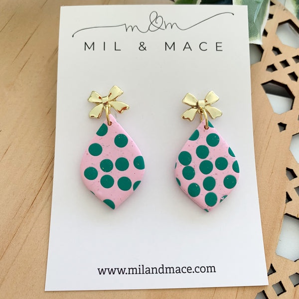 Pink and Green Spot Polymer Clay Dangle Earrings