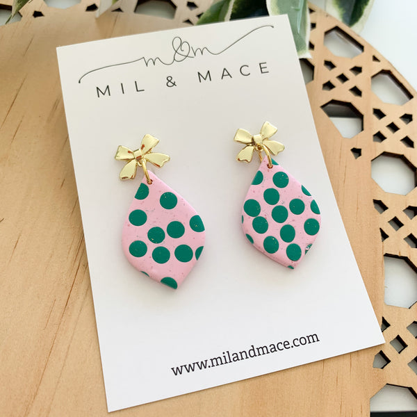 Pink and Green Spot Polymer Clay Dangle Earrings