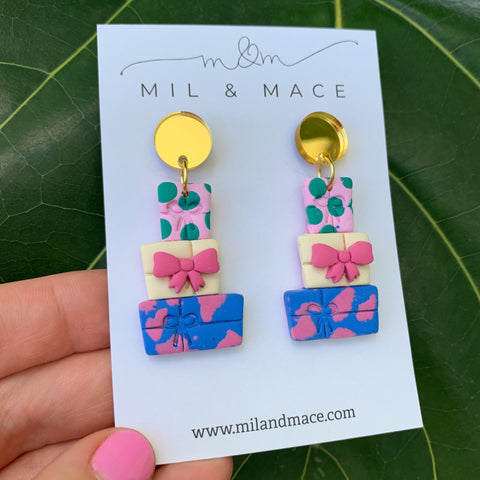 Christmas Present Stack Polymer Clay Dangle Earrings