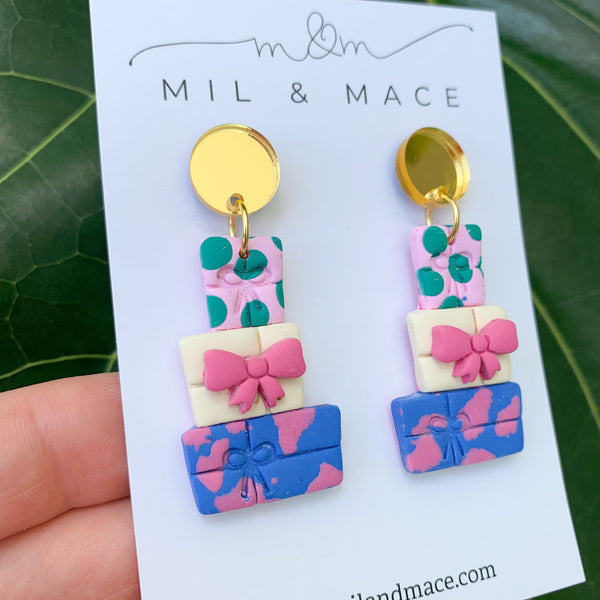 Christmas Present Stack Polymer Clay Dangle Earrings