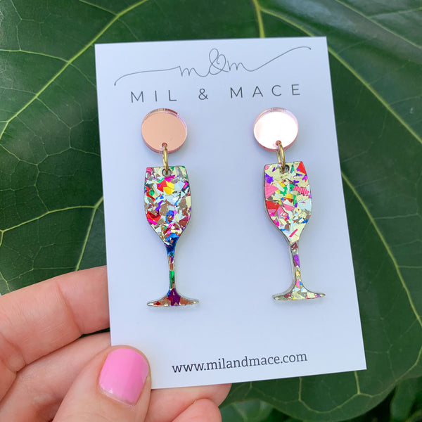 Glitter Champagne Celebration Acrylic Dangle Earrings