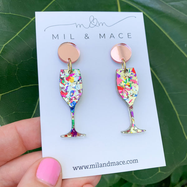 Glitter Champagne Celebration Acrylic Dangle Earrings