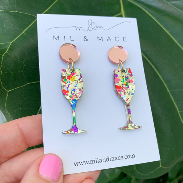 Glitter Champagne Celebration Acrylic Dangle Earrings