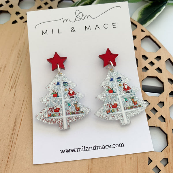 Silver Christmas Tree Acrylic Dangle Earrings