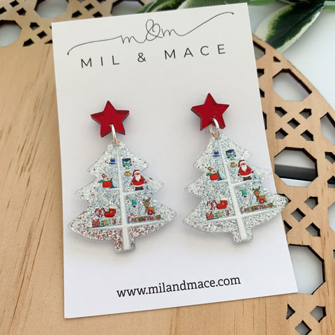 Silver Christmas Tree Acrylic Dangle Earrings