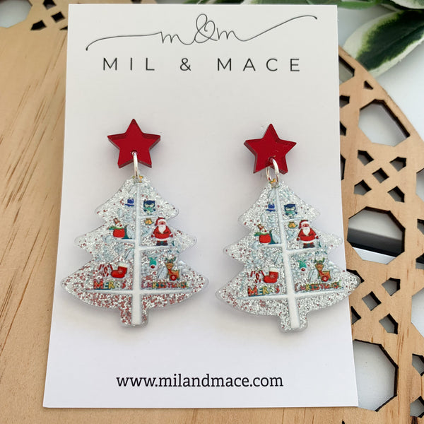 Silver Christmas Tree Acrylic Dangle Earrings