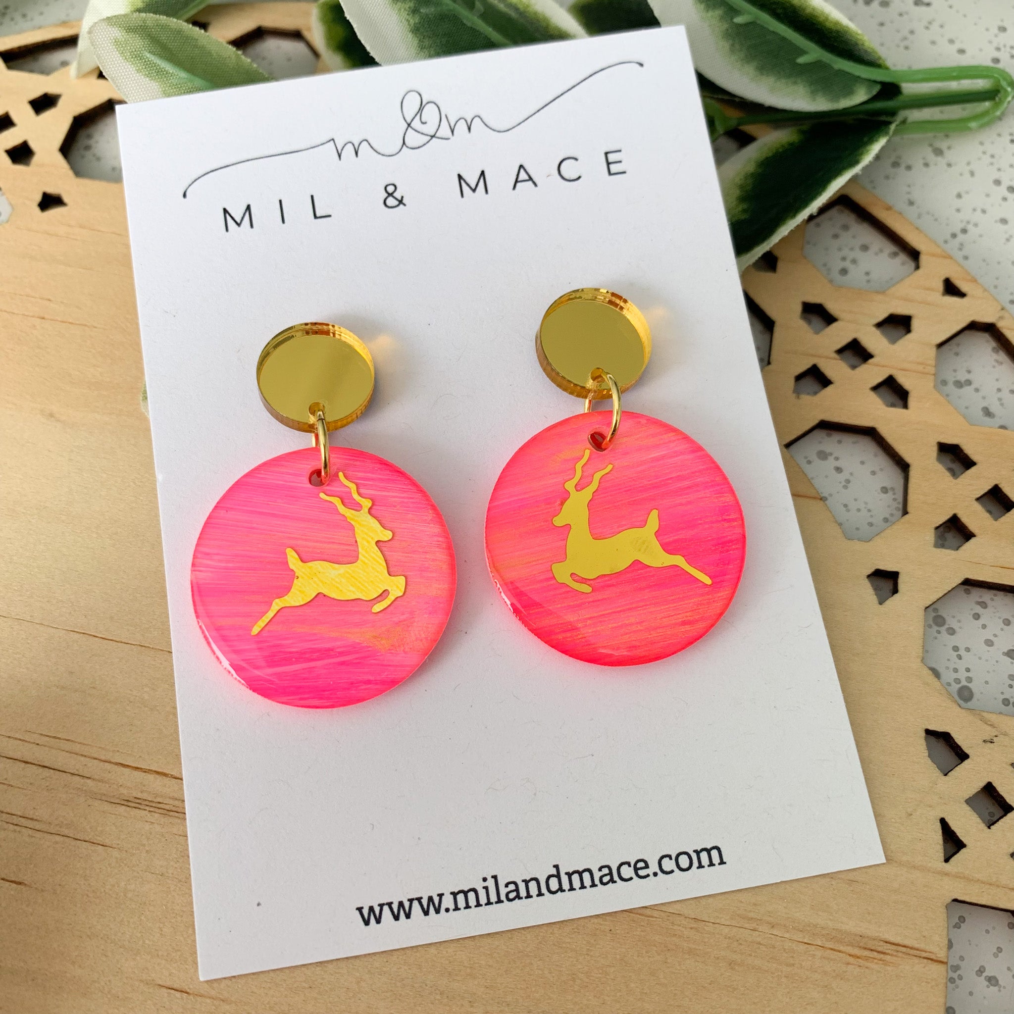 Hot Pink Christmas Reindeer Resin Dangle Earrings