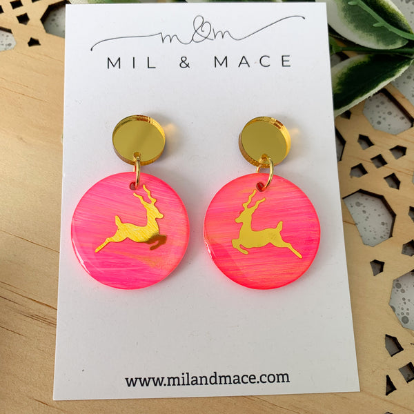 Hot Pink Christmas Reindeer Resin Dangle Earrings