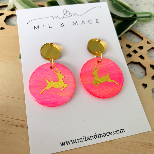 Hot Pink Christmas Reindeer Resin Dangle Earrings