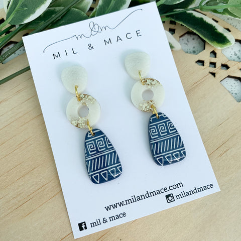 Navy and White Aztec Polymer Clay Dangle Earrings with resin finish