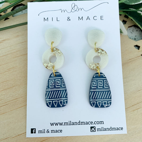 Navy and White Aztec Polymer Clay Dangle Earrings with resin finish