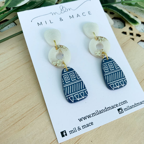 Navy and White Aztec Polymer Clay Dangle Earrings with resin finish