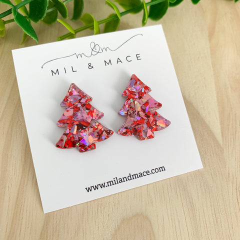 27mm Christmas Tree Pink and Red Acrylic Stud Earrings